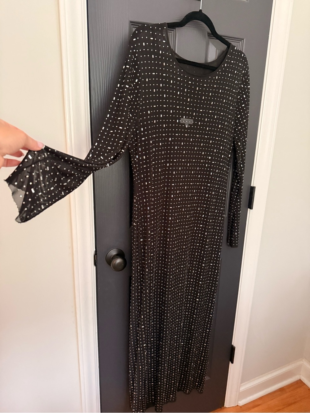 Gianni Bini | Black, Long-Sleeve Beaded/Jeweled Mesh Maxi Dress w/ Slip
